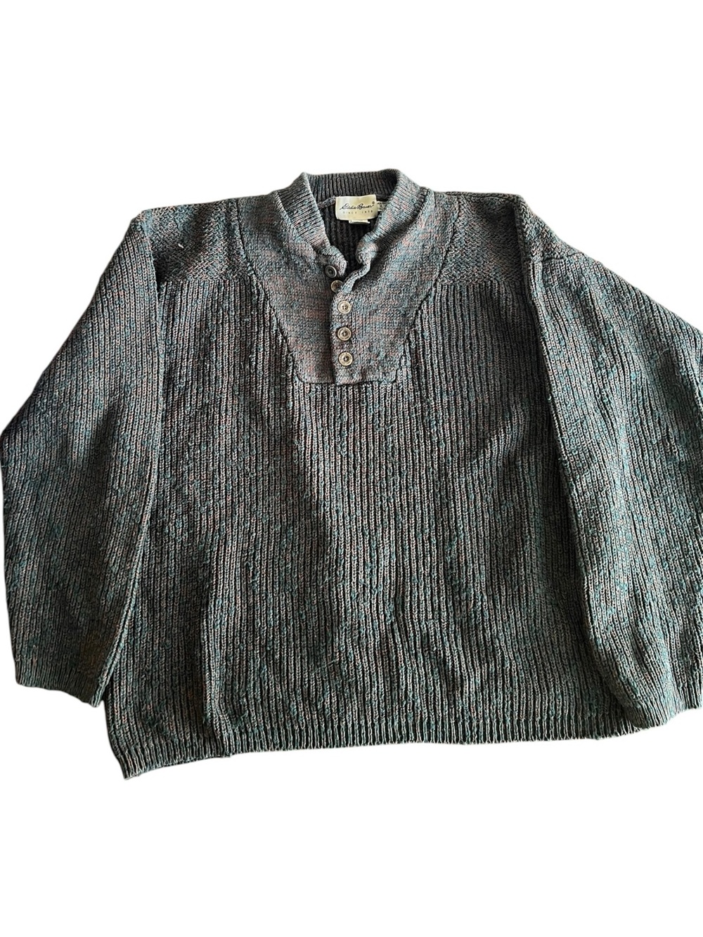 Vintage Eddie Bauer Mens XLT Henley Sweater Green Brown Marled Cotton Fisherman‎